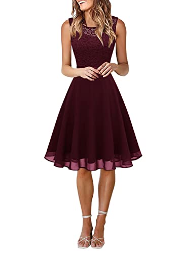 Onsoyours Damen Elegante Hochzeit Gast Kleid Knielang Festliche Cocktailkleid Brautjungfern Midi Kleid A-Linie Abendkleid A1 Weinrot L von Onsoyours