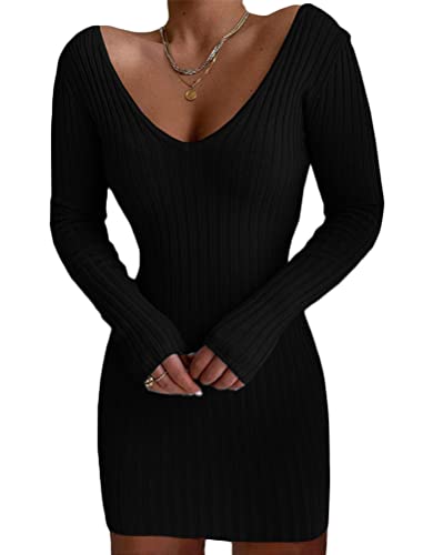 Onsoyours Damen Elegante Pullover V-Ausschnitt Stricken Pulloverkleid Langarm Strickpullover Kleider A Schwarz L von Onsoyours