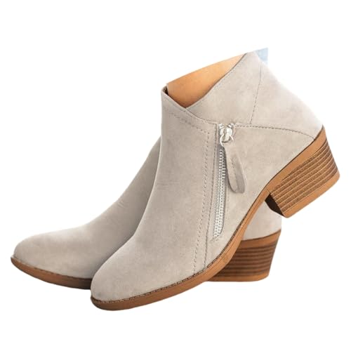 Onsoyours Damen Elegante Stiefelette Western Chelsea Ankle Boots Mit Blockabsatz Biker Booties Mit Reißverschluss A Beige 37 EU von Onsoyours