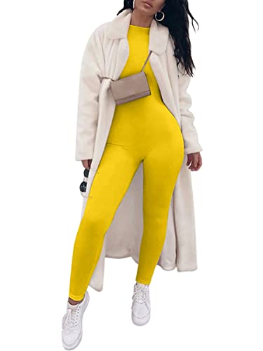 Onsoyours Damen Eleganter Overall Jumpsuit lang Schlank Einteiler Langarm Body mit Reisverschluss Fitness Yoga Playsuit Ganzkörper Hose Party Clubwear A Gelb L von Onsoyours