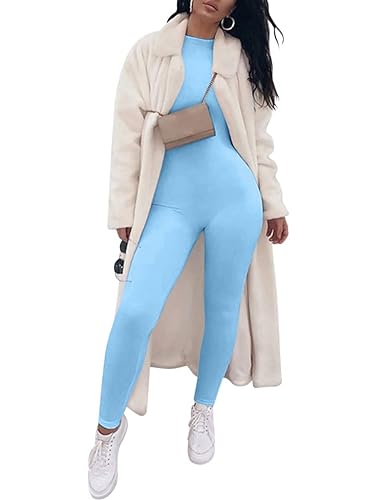 Onsoyours Damen Eleganter Overall Jumpsuit lang Schlank Einteiler Langarm Body mit Reisverschluss Fitness Yoga Playsuit Ganzkörper Hose Party Clubwear A Hellblau M von Onsoyours