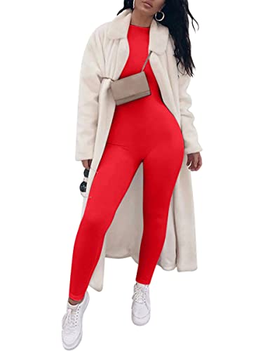 Onsoyours Damen Eleganter Overall Jumpsuit lang Schlank Einteiler Langarm Body mit Reisverschluss Fitness Yoga Playsuit Ganzkörper Hose Party Clubwear A Rot S von Onsoyours