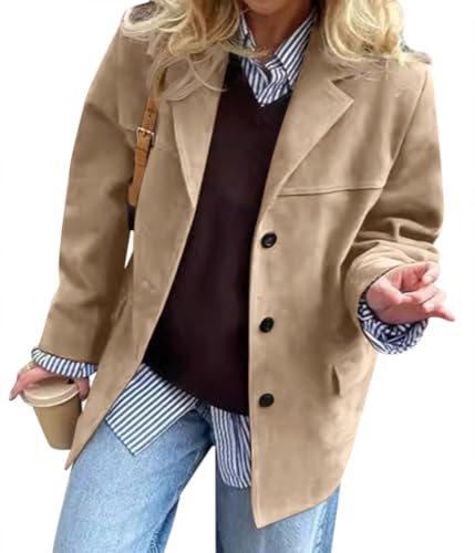 Onsoyours Damen Faux Wildleder Jacke Revers Kragen Wildleder Blazer Jacken Herbst Winter Wärmen Langarm Mode Wildleder Leder Anzug Jacken Sakko Mantel A Khaki M von Onsoyours