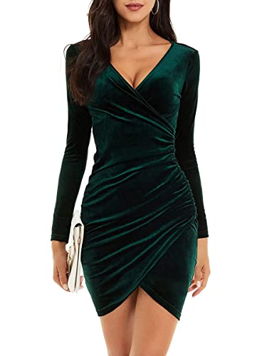 Onsoyours Damen Festlich Kleid Elegante Bodycon Partykleid Langarm Cowl Abendkleid Kurz Geraffte Samtkleid B Grün S von Onsoyours