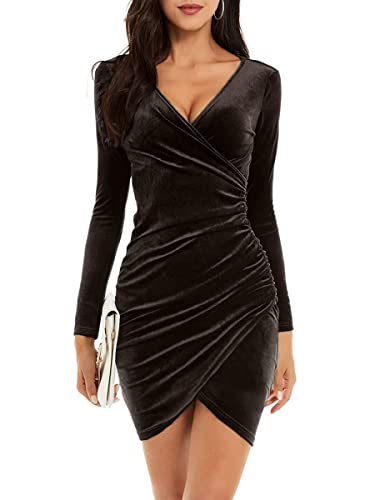 Onsoyours Damen Festlich Kleid Elegante Bodycon Partykleid Langarm Cowl Abendkleid Kurz Geraffte Samtkleid B Kaffee XXL von Onsoyours