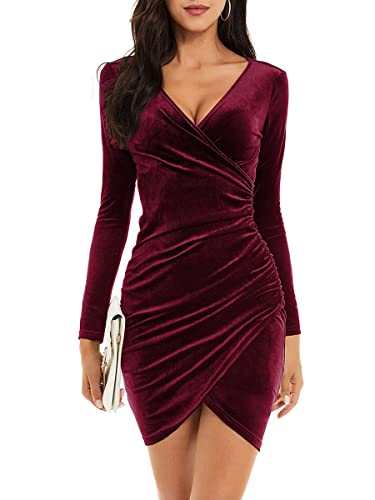 Onsoyours Damen Festlich Kleid Elegante Bodycon Partykleid Langarm Cowl Abendkleid Kurz Geraffte Samtkleid B Rot S von Onsoyours