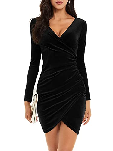 Onsoyours Damen Festlich Kleid Elegante Bodycon Partykleid Langarm Cowl Abendkleid Kurz Geraffte Samtkleid B Schwarz XS von Onsoyours