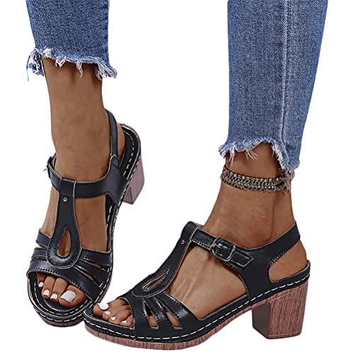 Onsoyours Damen Fischmaul Riemchensandalen High Heel Sandale mit Blockabsatz Sommer Knöchelriemen Pumps Peep Toe Römersandale Outdoor Sandals A Schwarz 41 EU von Onsoyours