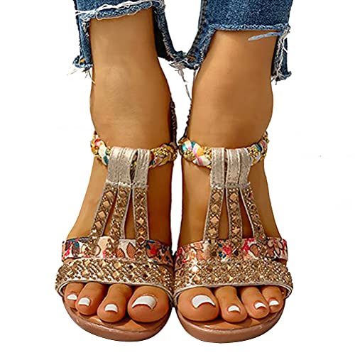 Onsoyours Damen Flach Sommer Zehentrenner,Strand Sandalen Elastischen Gemütlich Webmuster Schuhe Bunt Strass Knöchelriemchen Freizeit Urlaub rutschfest Sommer 01 Gold 37 EU von Onsoyours