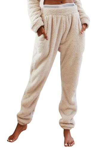 Onsoyours Damen Flauschige Plüsch Pyjamahose Winter Warme Verdickte Thermo Hosen Einfarbige Leggings Bequeme Jogginghose Mit Taschen Haushose Fleecehose Laufhose Sporthose A Aprikose M von Onsoyours