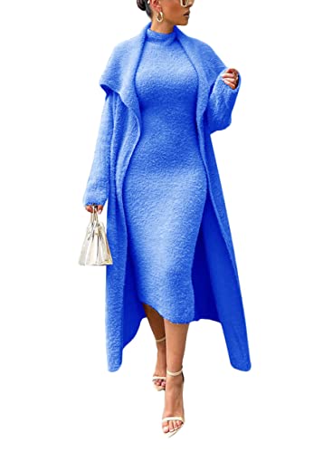 Onsoyours Damen Fleece Kleid Set Cardigan und Ärmellos Midikleid Herbst Winter 2 Teiliges Sweater Cardigan Mit Gürtel Samt Kleider Pullikleid Elegante Party Outfits A Blau M von Onsoyours