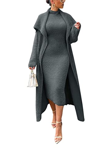 Onsoyours Damen Fleece Kleid Set Cardigan und Ärmellos Midikleid Herbst Winter 2 Teiliges Sweater Cardigan Mit Gürtel Samt Kleider Pullikleid Elegante Party Outfits A Dunkelgrau 3XL von Onsoyours