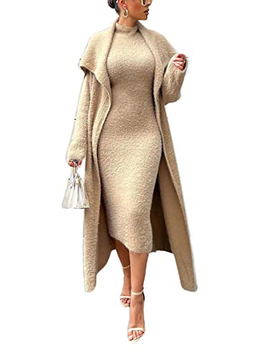 Onsoyours Damen Fleece Kleid Set Cardigan und Ärmellos Midikleid Herbst Winter 2 Teiliges Sweater Cardigan Mit Gürtel Samt Kleider Pullikleid Elegante Party Outfits A Khaki L von Onsoyours