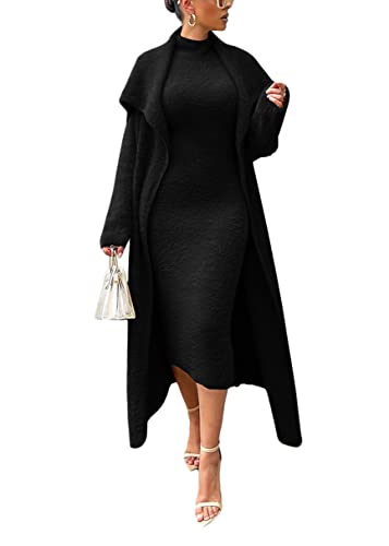 Onsoyours Damen Fleece Kleid Set Cardigan und Ärmellos Midikleid Herbst Winter 2 Teiliges Sweater Cardigan Mit Gürtel Samt Kleider Pullikleid Elegante Party Outfits A Schwarz XS von Onsoyours