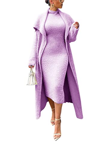 Onsoyours Damen Fleece Kleid Set Cardigan und Ärmellos Midikleid Herbst Winter 2 Teiliges Sweater Cardigan Mit Gürtel Samt Kleider Pullikleid Elegante Party Outfits A Violett M von Onsoyours