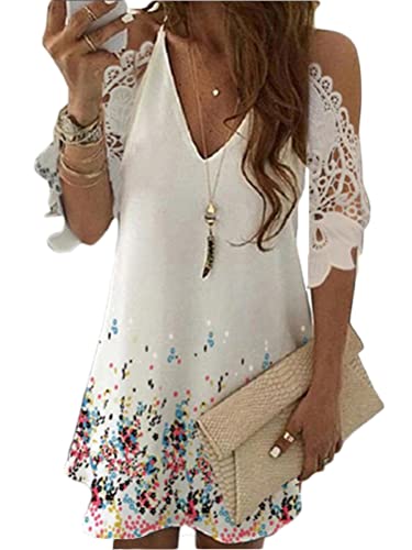 Onsoyours Damen Freizeit Kleid V-Ausschnitt Damenrock Blumen Tunika Kleid Elegant Blusenkleid Frühling Sommer Herbst Strandkleider A Weiß L von Onsoyours