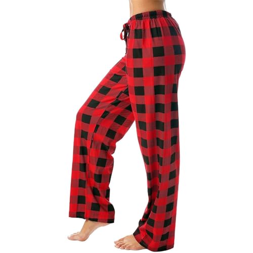 Onsoyours Damen Freizeithose Lang Schlafanzughose mit Taschen und Kordelzug Drawstring Hosen Karierte Schlafhose Weich Pyjamahose Weites Bein Hose Lange Gerade Hose Haushose A Rot M von Onsoyours