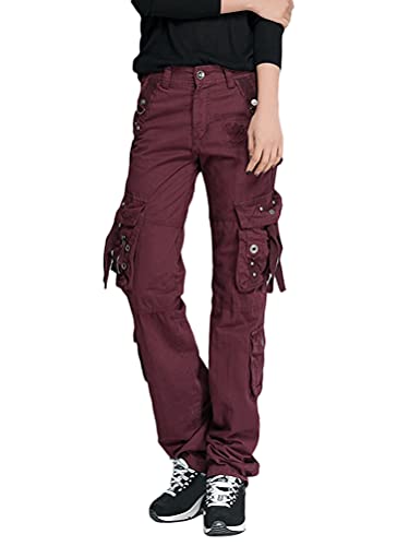 Onsoyours Damen Freizeithose Taschen Cargohose Gerades Bein Kampfhose Outdoor Kletterhose Relaxed-Fit Multi Taschen Sport Jogginghose Climbing Pants A Weinrot L von Onsoyours