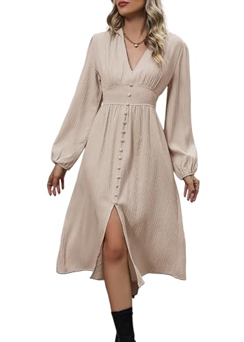 Onsoyours Damen Freizeitkleid Langärmelig Hohe Taille A-Linien-Kleid Wickelkleid Mit V-Ausschnitt Midikleid B Aprikose M von Onsoyours