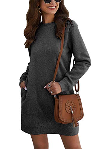 Onsoyours Damen Freizeitkleid Langarm Rundhals Einfarbig OversizePullover Casual Lose Einfache Taschen Jumper Kleid Dunkelgrau 42 von Onsoyours