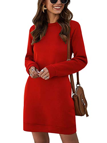 Onsoyours Damen Freizeitkleid Langarm Rundhals Einfarbig OversizePullover Casual Lose Einfache Taschen Jumper Kleid Rot 38 von Onsoyours