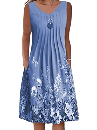 Onsoyours Damen Freizeitkleid Sommer Casual Ohne Arm Rundhals Kleid Swing Kleider Knielang Elegant Blumen Sommerkleid Strandkleid mit Taschen E Blau 01 L von Onsoyours