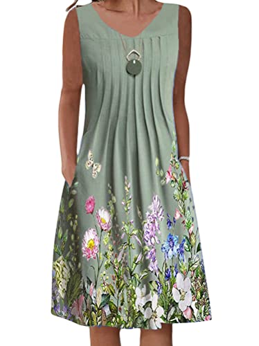 Onsoyours Damen Freizeitkleid Sommer Casual Ohne Arm Rundhals Kleid Swing Kleider Knielang Elegant Blumen Sommerkleid Strandkleid mit Taschen E Grün 01 L von Onsoyours