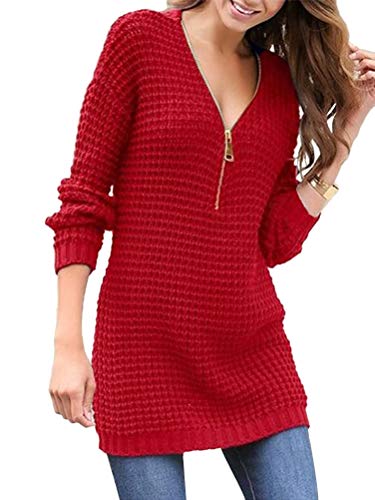 Onsoyours Damen Freizeitkleid V Ausschnitt Strickpullover Elegante Pullover Lose Minikleid mit Reißverschluss Rot 48 von Onsoyours