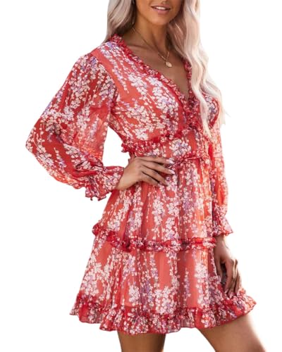 Onsoyours Damen Freizeitkleider Blumen Muster V Ausschnitt Faltenrock Langarm Minikleid Casual A-Linie Abendkleider Elegant Cocktail Partykleider C01 Rot 42 von Onsoyours