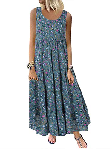 Onsoyours Damen Freizeitkleider Lange Boho Kleid Rundhals Floral Maxikleider Ärmellos Strand Sommerkleid Casual Elegante Abendkleid Partykleid Cocktailkleid B Blau 44 von Onsoyours