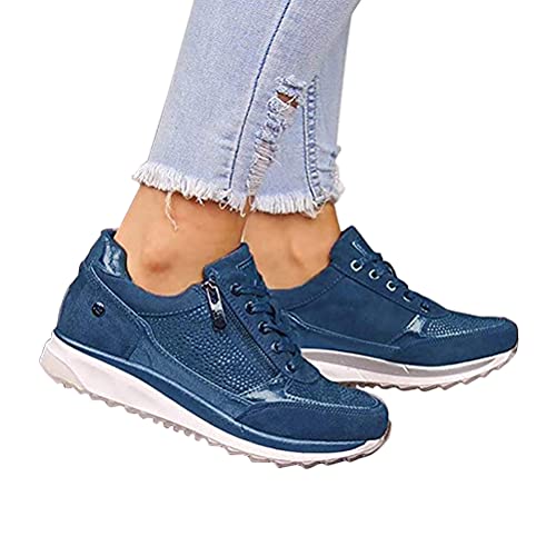 Onsoyours Damen Freizeitschuhe Mode Wedge Heel Flache Schuhe Reißverschluss Schnürsenkel Bequeme Damen Sneakers Weibliche Vulkanisierte Schuhe Blau 40 EU von Onsoyours