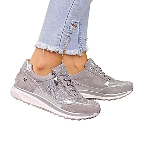 Onsoyours Damen Freizeitschuhe Wedge Heel Flache Mode Schuhe Reißverschluss Schnürsenkel Bequeme Sneakers Weibliche Vulkanisierte Schuhe Grau 39 EU von Onsoyours