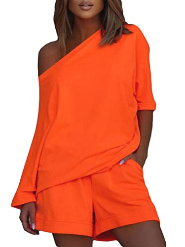 Onsoyours Damen Frühjahr Sommer 2 Teilig Jogginganzug Sportanzug Sportswear Set Lässiger Anzug Schräge Schulter Langarm Top + Shorts Zweiteiler Set A Orange-1 L von Onsoyours