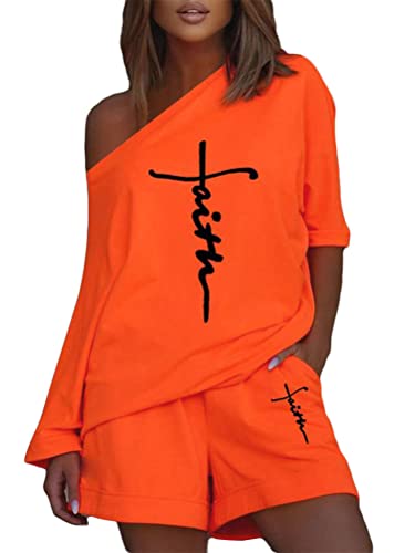 Onsoyours Damen Frühjahr Sommer 2 Teilig Jogginganzug Sportanzug Sportswear Set Lässiger Anzug Schräge Schulter Langarm Top + Shorts Zweiteiler Set A Orange-2 L von Onsoyours