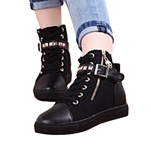 Onsoyours Damen Frühjahr und Herbst Sneaker High Top Schuhe Elegant Absatz Freizeitschuhe Flache Runde Spitze Bequem Schnür Nieten Canvas Schuhe A Schwarz 39 EU von Onsoyours