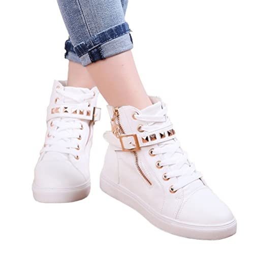 Onsoyours Damen Frühjahr und Herbst Sneaker High Top Schuhe Elegant Absatz Freizeitschuhe Flache Runde Spitze Bequem Schnür Nieten Canvas Schuhe A Weiß 37 EU von Onsoyours