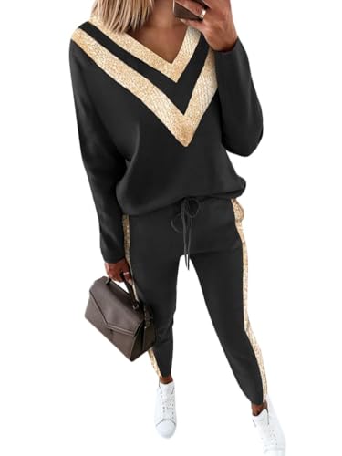 Onsoyours Damen Frühling Freizeitanzug Sportanzug Jogginganzug Trainingsanzug 2 Teiliges Langarm Hosenanzug Loose Fit Jogginganzug Trainingsanzug Tracksuit (L, E V-Form) von Onsoyours