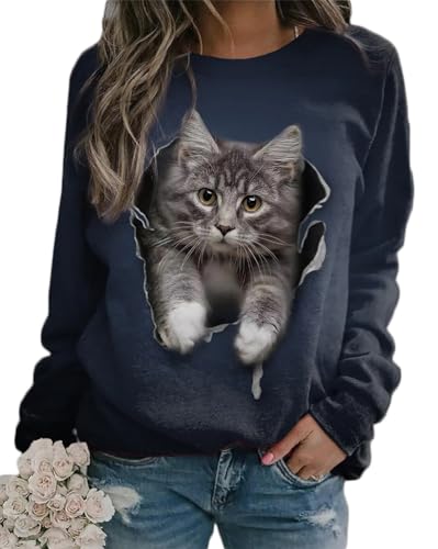 Onsoyours Damen Frühling Herbst Rundhals Lange Ärmel Pullover Sweatshirt 3D Katze Gedruckt Pulli Sweater Tops Bluse Oberteile A Stil-1 S von Onsoyours