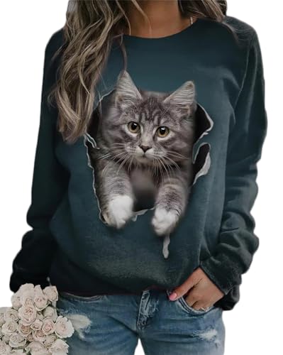 Onsoyours Damen Frühling Herbst Rundhals Lange Ärmel Pullover Sweatshirt 3D Katze Gedruckt Pulli Sweater Tops Bluse Oberteile A Stil-2 XS von Onsoyours