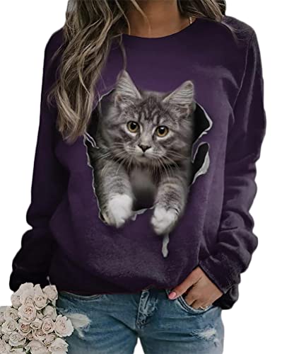 Onsoyours Damen Frühling Herbst Rundhals Lange Ärmel Pullover Sweatshirt 3D Katze Gedruckt Pulli Sweater Tops Bluse Oberteile A Stil-3 XXL von Onsoyours