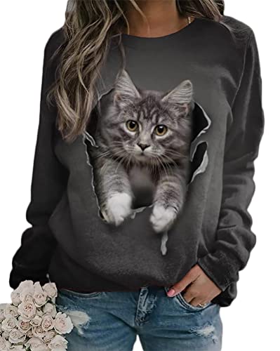 Onsoyours Damen Frühling Herbst Rundhals Lange Ärmel Pullover Sweatshirt 3D Katze Gedruckt Pulli Sweater Tops Bluse Oberteile A Stil-5 XL von Onsoyours