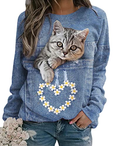 Onsoyours Damen Frühling Herbst Rundhals Lange Ärmel Pullover Sweatshirt 3D Katze Gedruckt Pulli Sweater Tops Bluse Oberteile B Stil-10 XL von Onsoyours