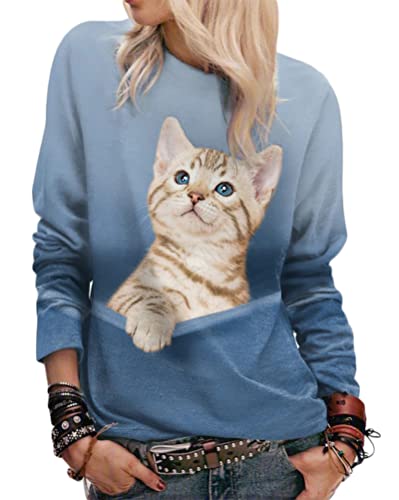 Onsoyours Damen Frühling Herbst Rundhals Lange Ärmel Pullover Sweatshirt 3D Katze Gedruckt Pulli Sweater Tops Bluse Oberteile C Stil-6 XL von Onsoyours