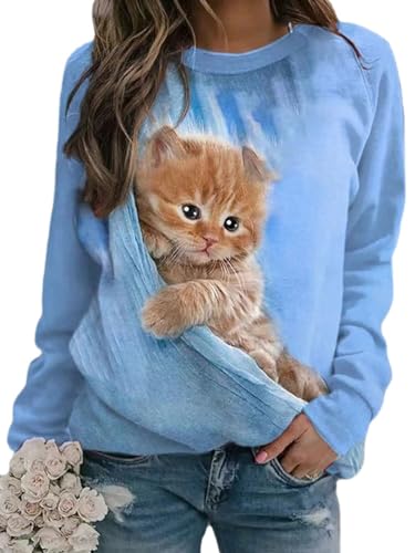 Onsoyours Damen Frühling Herbst Rundhals Lange Ärmel Pullover Sweatshirt 3D Katze Gedruckt Pulli Sweater Tops Bluse Oberteile D Blau 3XL von Onsoyours