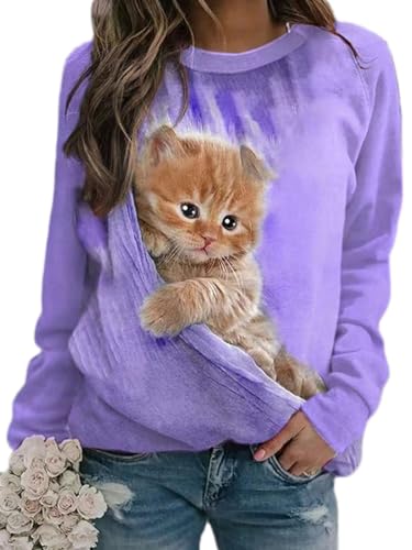 Onsoyours Damen Frühling Herbst Rundhals Lange Ärmel Pullover Sweatshirt 3D Katze Gedruckt Pulli Sweater Tops Bluse Oberteile D Lila L von Onsoyours