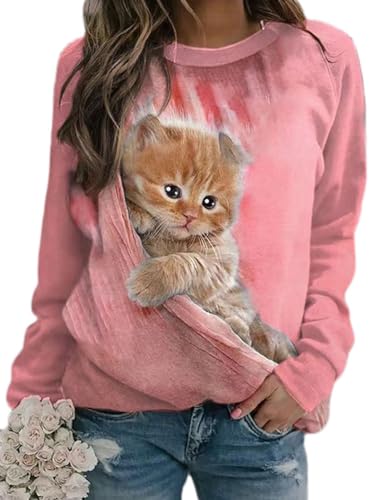 Onsoyours Damen Frühling Herbst Rundhals Lange Ärmel Pullover Sweatshirt 3D Katze Gedruckt Pulli Sweater Tops Bluse Oberteile D Rosa XXL von Onsoyours