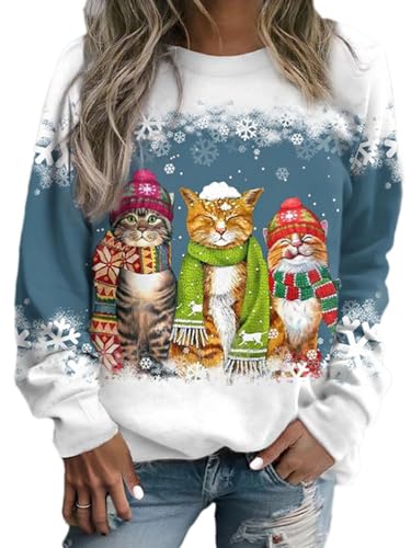 Onsoyours Damen Frühling Herbst Rundhals Lange Ärmel Pullover Sweatshirt 3D Katze Gedruckt Pulli Sweater Tops Bluse Oberteile E Blau M von Onsoyours