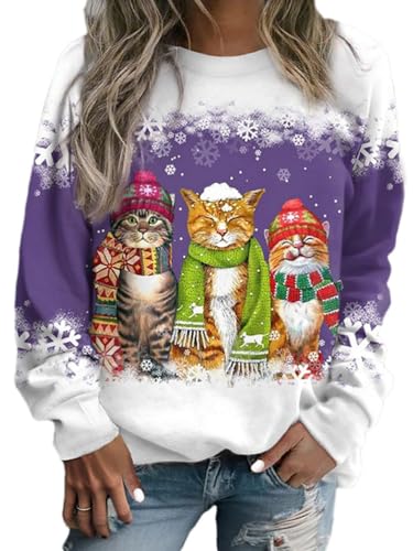 Onsoyours Damen Frühling Herbst Rundhals Lange Ärmel Pullover Sweatshirt 3D Katze Gedruckt Pulli Sweater Tops Bluse Oberteile E Lila S von Onsoyours