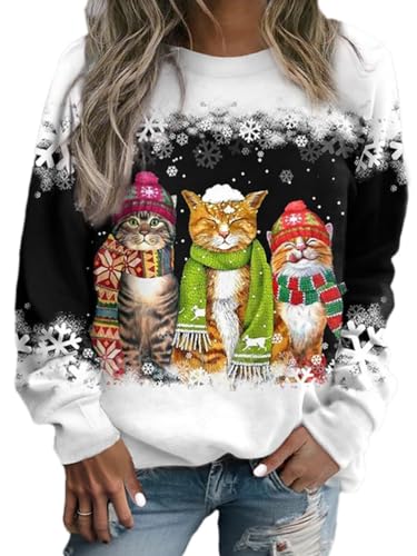 Onsoyours Damen Frühling Herbst Rundhals Lange Ärmel Pullover Sweatshirt 3D Katze Gedruckt Pulli Sweater Tops Bluse Oberteile E Schwarz XXL von Onsoyours
