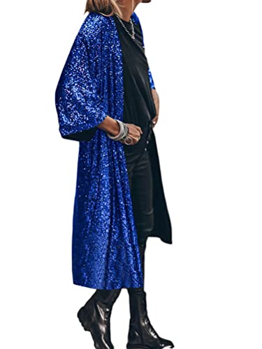 Onsoyours Damen Frühling Pailletten Cardigan Jacke Casual 3/4 Ärmel Strickjacke Open Front Cardigan Lose Lang Dünne Jacke Leichter Elegante A Blau M von Onsoyours